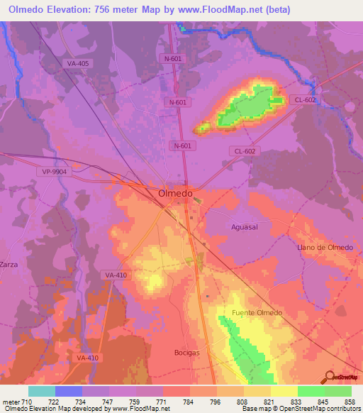 Olmedo,Spain Elevation Map