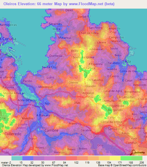 Oleiros,Spain Elevation Map