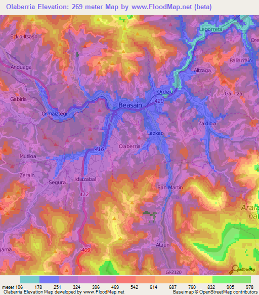 Olaberria,Spain Elevation Map