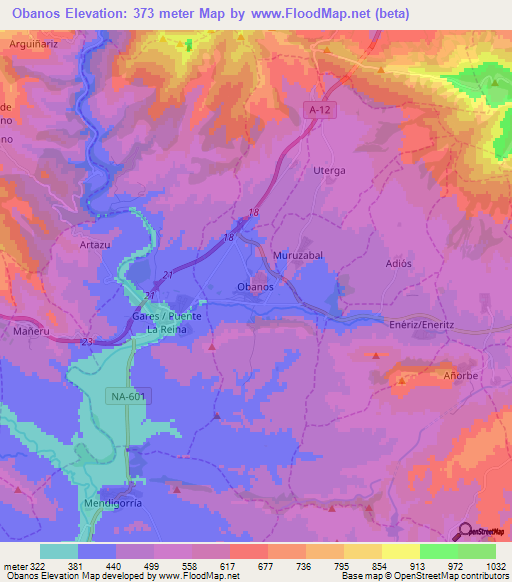 Obanos,Spain Elevation Map