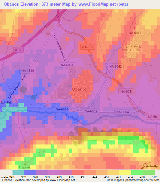 Obanos,Spain Elevation Map