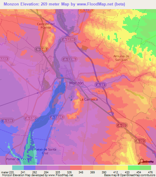 Monzon,Spain Elevation Map