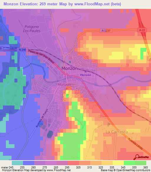 Monzon,Spain Elevation Map