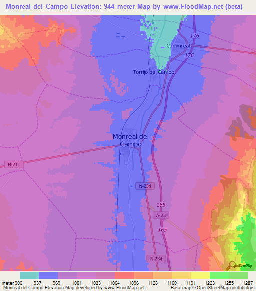 Monreal del Campo,Spain Elevation Map