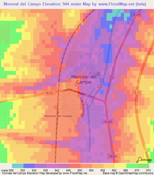 Monreal del Campo,Spain Elevation Map