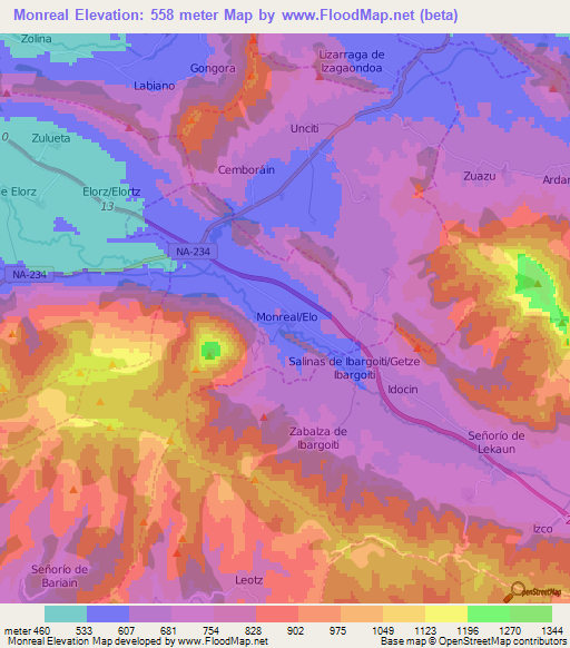 Monreal,Spain Elevation Map