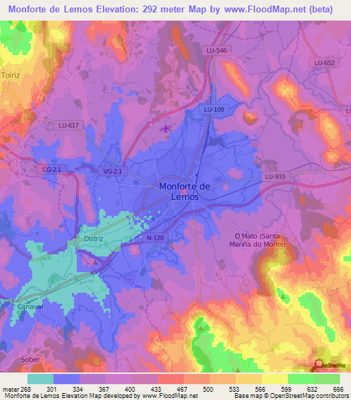 Monforte de Lemos,Spain Elevation Map