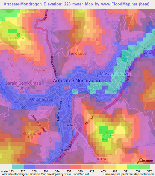 Arrasate-Mondragon,Spain Elevation Map