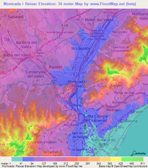 Montcada i Reixac,Spain Elevation Map