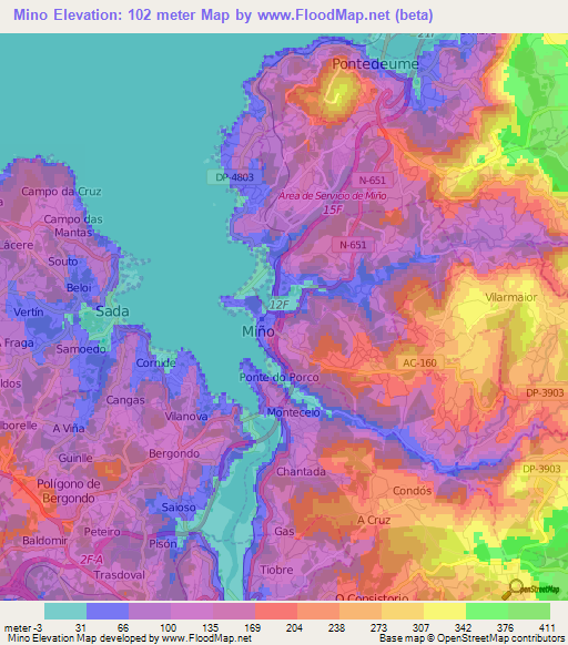 Mino,Spain Elevation Map