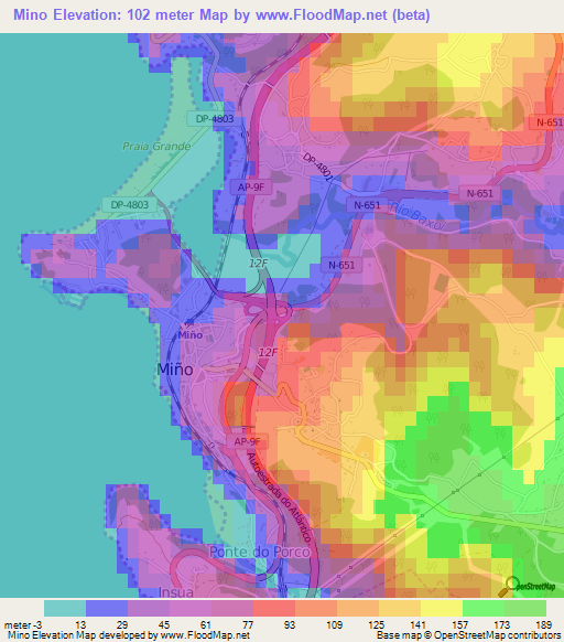 Mino,Spain Elevation Map