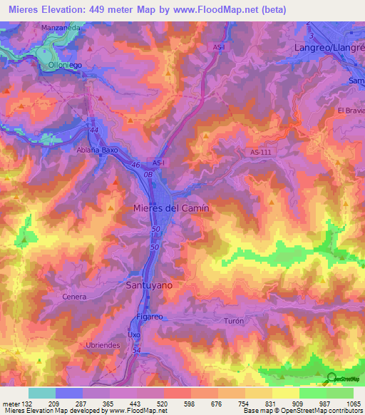 Mieres,Spain Elevation Map