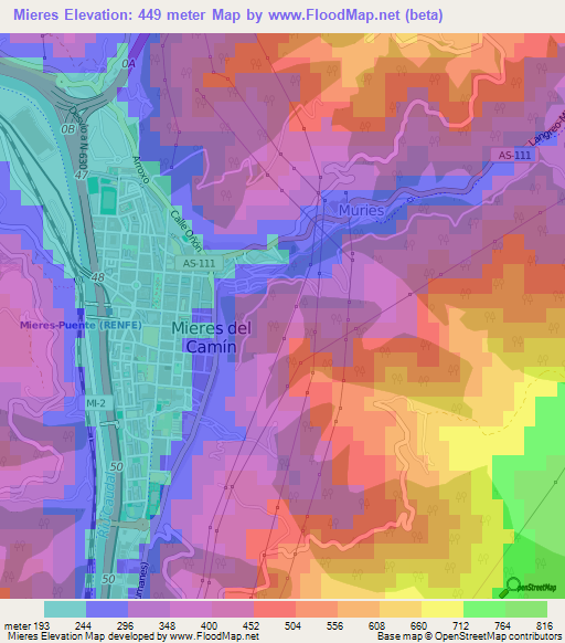 Mieres,Spain Elevation Map