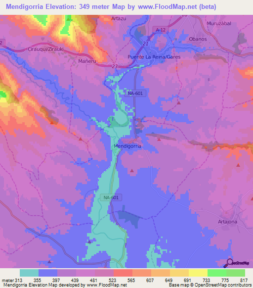 Mendigorria,Spain Elevation Map