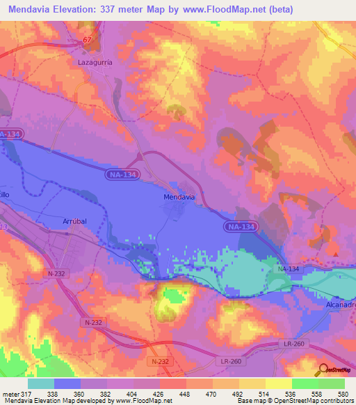 Mendavia,Spain Elevation Map