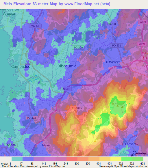 Meis,Spain Elevation Map