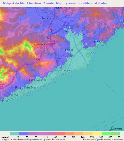 Malgrat de Mar,Spain Elevation Map