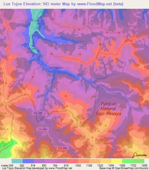 Los Tojos,Spain Elevation Map