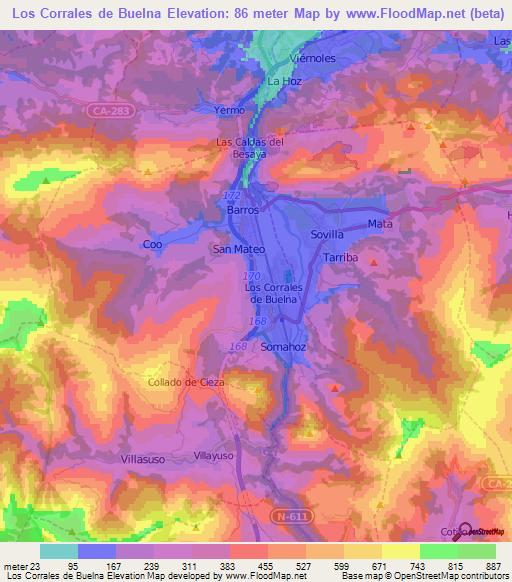 Los Corrales de Buelna,Spain Elevation Map