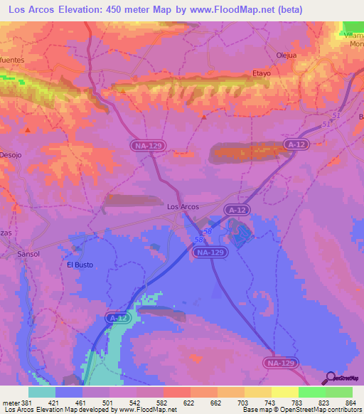 Los Arcos,Spain Elevation Map