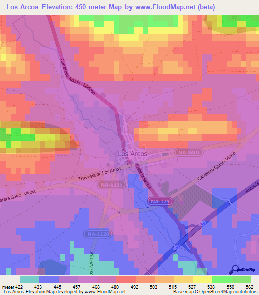 Los Arcos,Spain Elevation Map