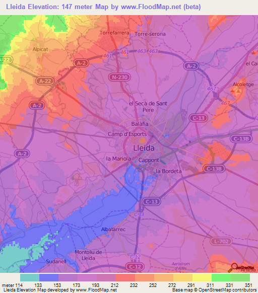 Lleida,Spain Elevation Map