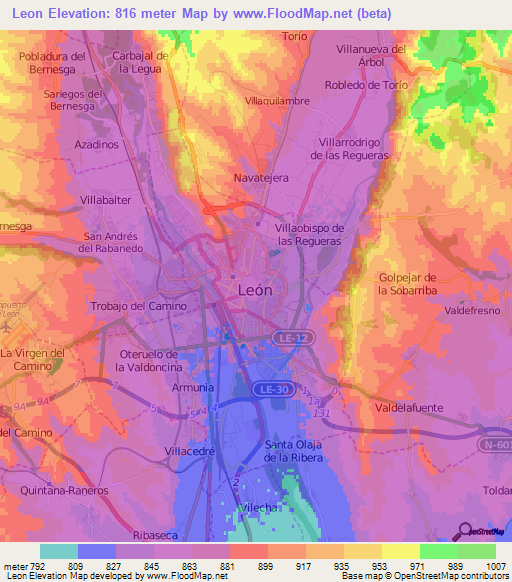 Leon,Spain Elevation Map