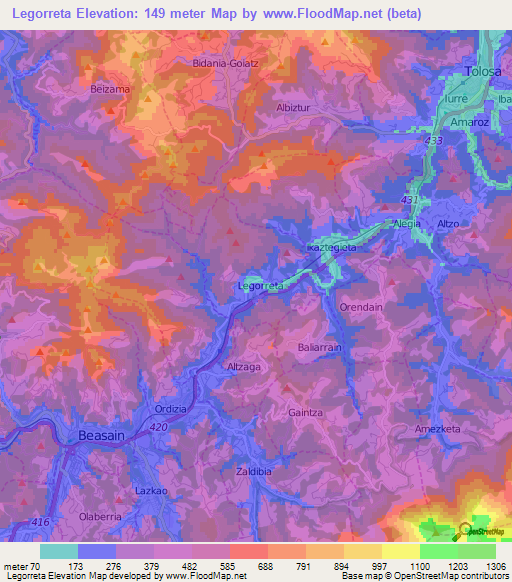 Legorreta,Spain Elevation Map