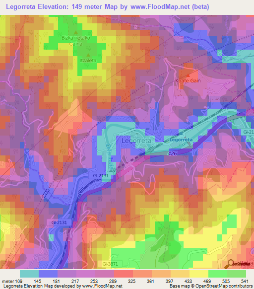 Legorreta,Spain Elevation Map