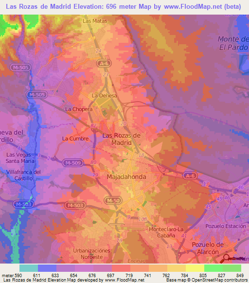 Las Rozas de Madrid,Spain Elevation Map