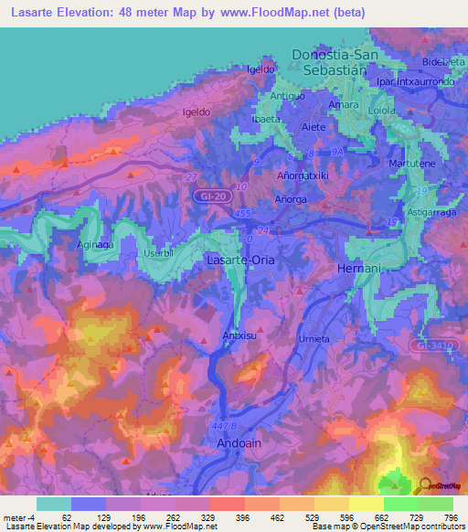 Lasarte,Spain Elevation Map