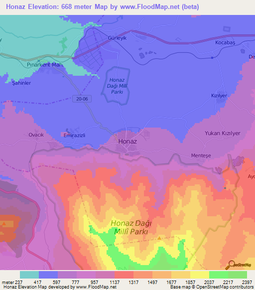 Honaz,Turkey Elevation Map