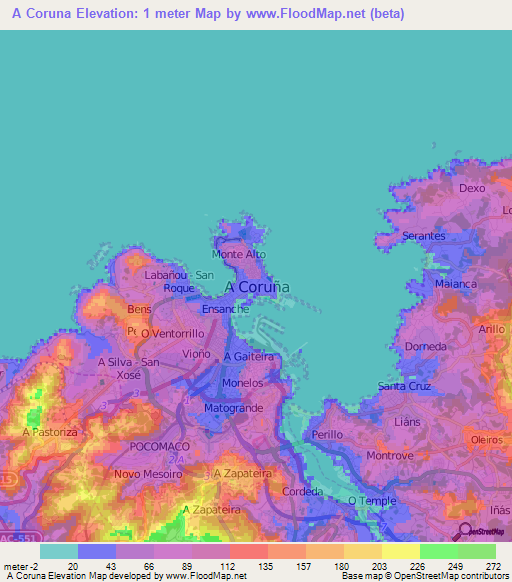 A Coruna,Spain Elevation Map