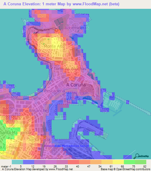 A Coruna,Spain Elevation Map