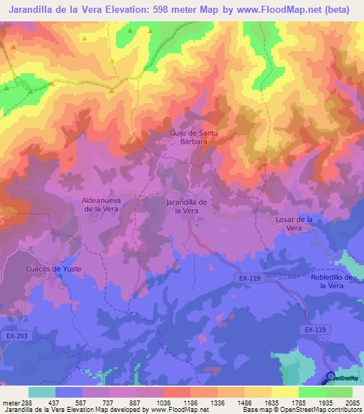Jarandilla de la Vera,Spain Elevation Map