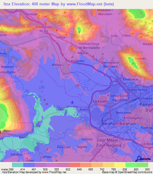 Itza,Spain Elevation Map