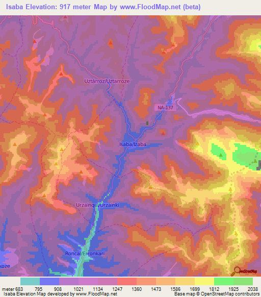 Isaba,Spain Elevation Map