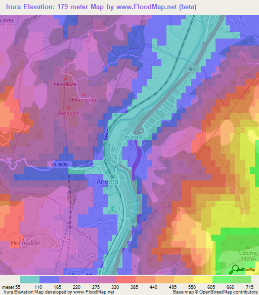 Irura,Spain Elevation Map