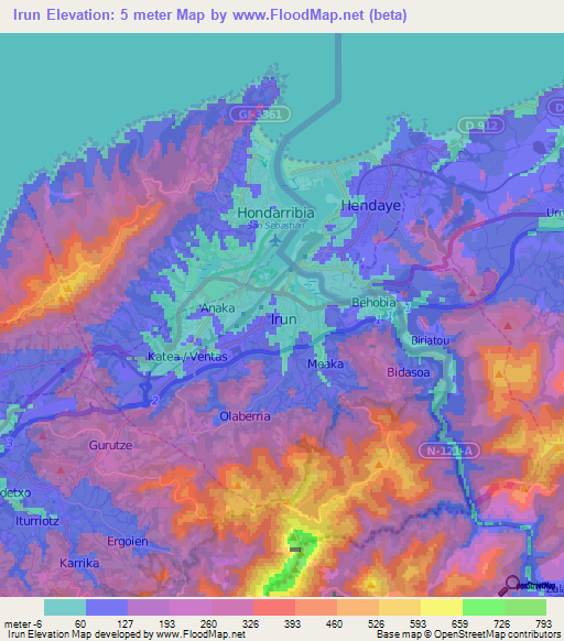 Irun,Spain Elevation Map