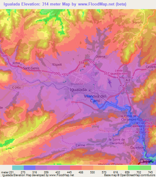 Igualada,Spain Elevation Map