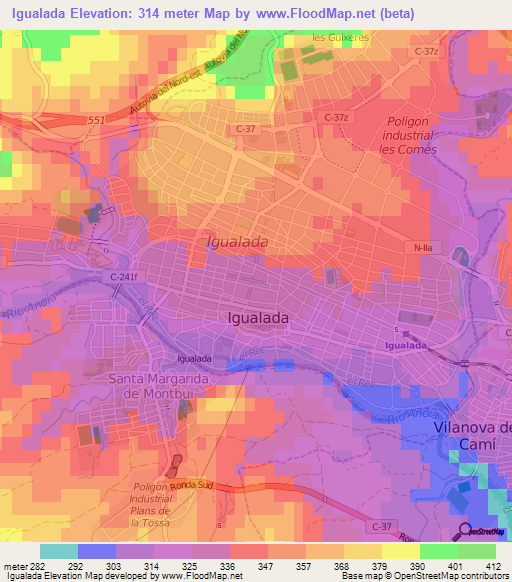 Igualada,Spain Elevation Map