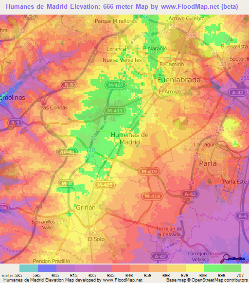 Humanes de Madrid,Spain Elevation Map