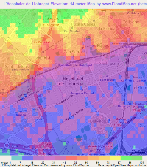 L'Hospitalet de Llobregat,Spain Elevation Map