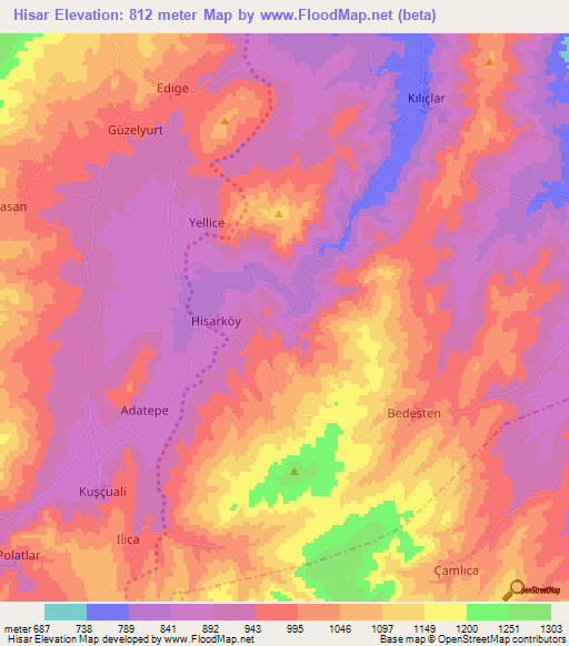 Hisar,Turkey Elevation Map