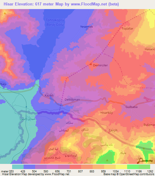 Hisar,Turkey Elevation Map