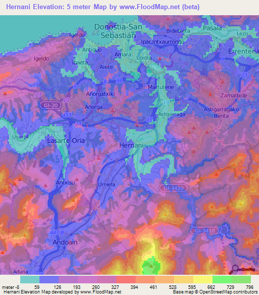 Hernani,Spain Elevation Map