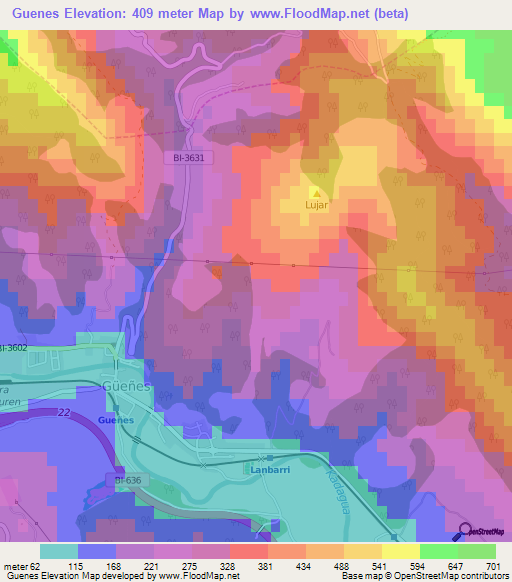 Guenes,Spain Elevation Map