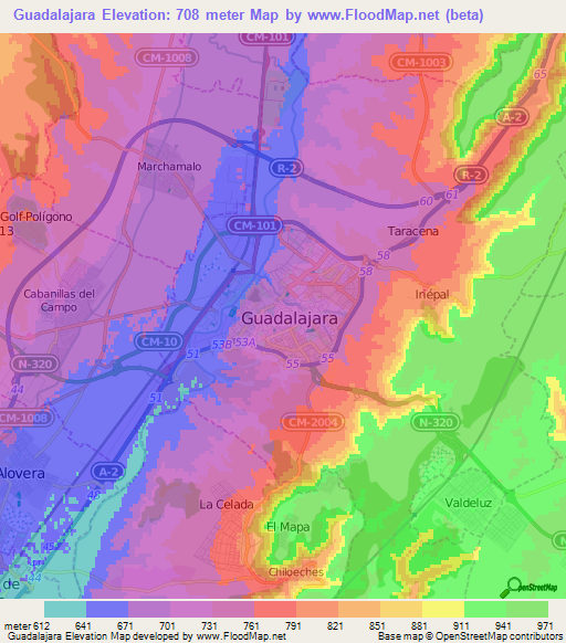 Guadalajara,Spain Elevation Map