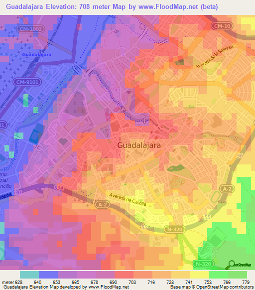 Guadalajara,Spain Elevation Map