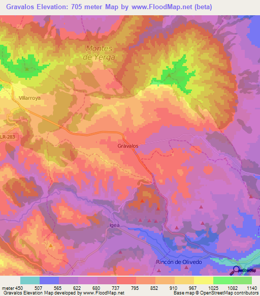 Gravalos,Spain Elevation Map